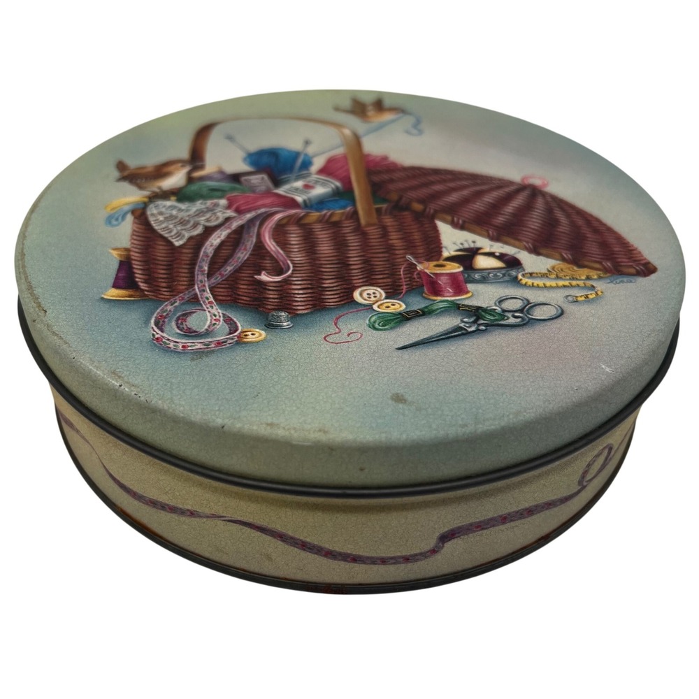 VTG Round Metal Sewing Tin - Basket Birds Graphic - Cottagecore Storage 70s 80s